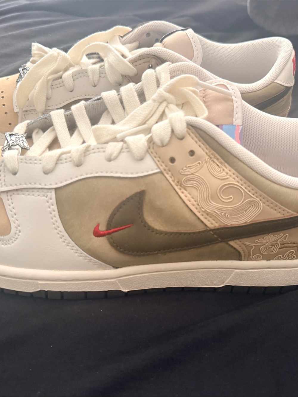 Nike Men’s Sneakers White, Tan, Olive with Red Swoosh
